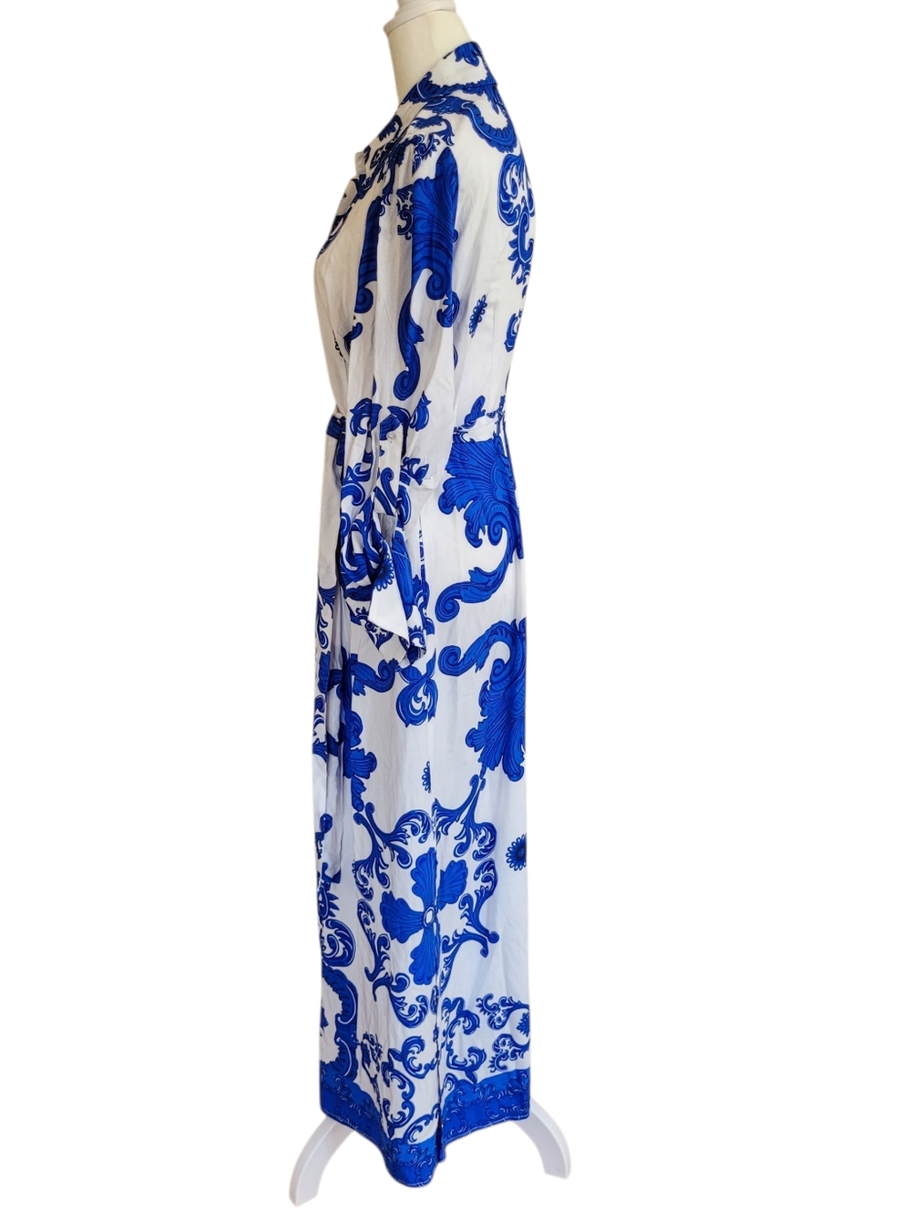 1.STATE Blue White Baroque Print Maxi Shirt Dress Belted Boho Resort Sz S - Picture 4 of 9